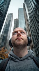 Urban Man in Headphones Looking Up at Skyscrapers