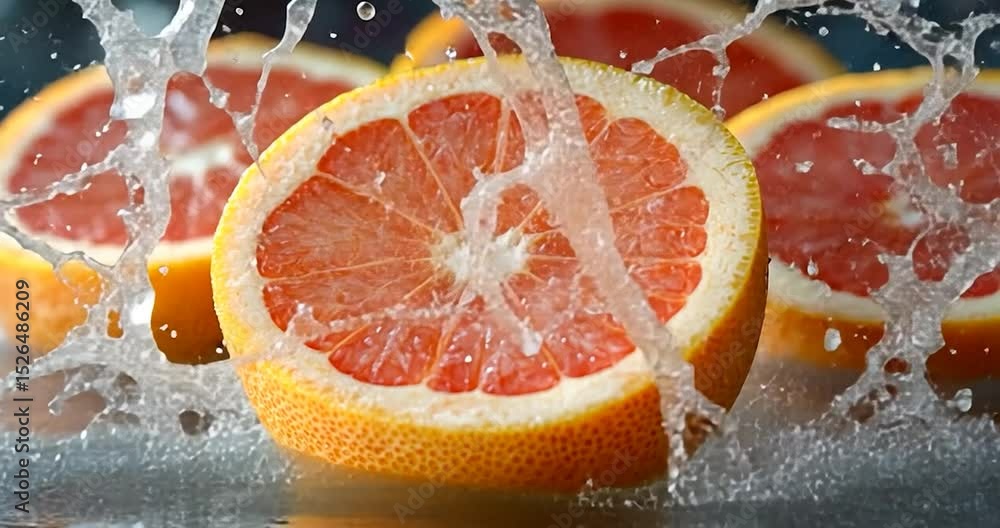 Poster close-up of a sliced grapefruit with water splashing around it. the fruit is yellow and red with wat
