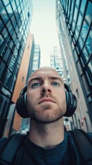 Urban Man in Headphones Looking Up at Skyscrapers
