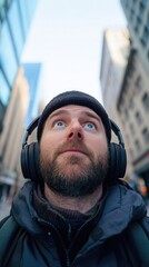 Urban Man in Headphones Looking Up at Skyscrapers