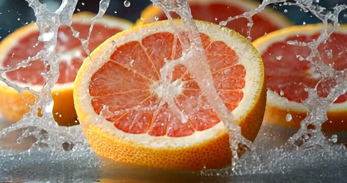 Close-up of a sliced grapefruit with water splashing around it. The fruit is yellow and red with water drops flowing on the surface
