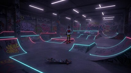 Graffiti-covered skatepark, neon-edged ramps, and skateboarder - Powered by Adobe