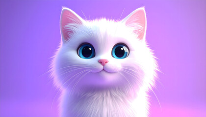 Adorable 3D Rendered White Kitten with Big Blue Eyes, Purple Background