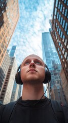 Urban Man in Headphones Looking Up at Skyscrapers