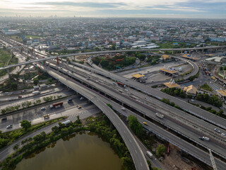 Aerial view construction site building of junction transport road with crane