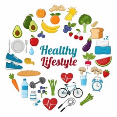 Healthy Lifestyle Concept with Food, Fitness, and Wellness Icons in Circular Layout