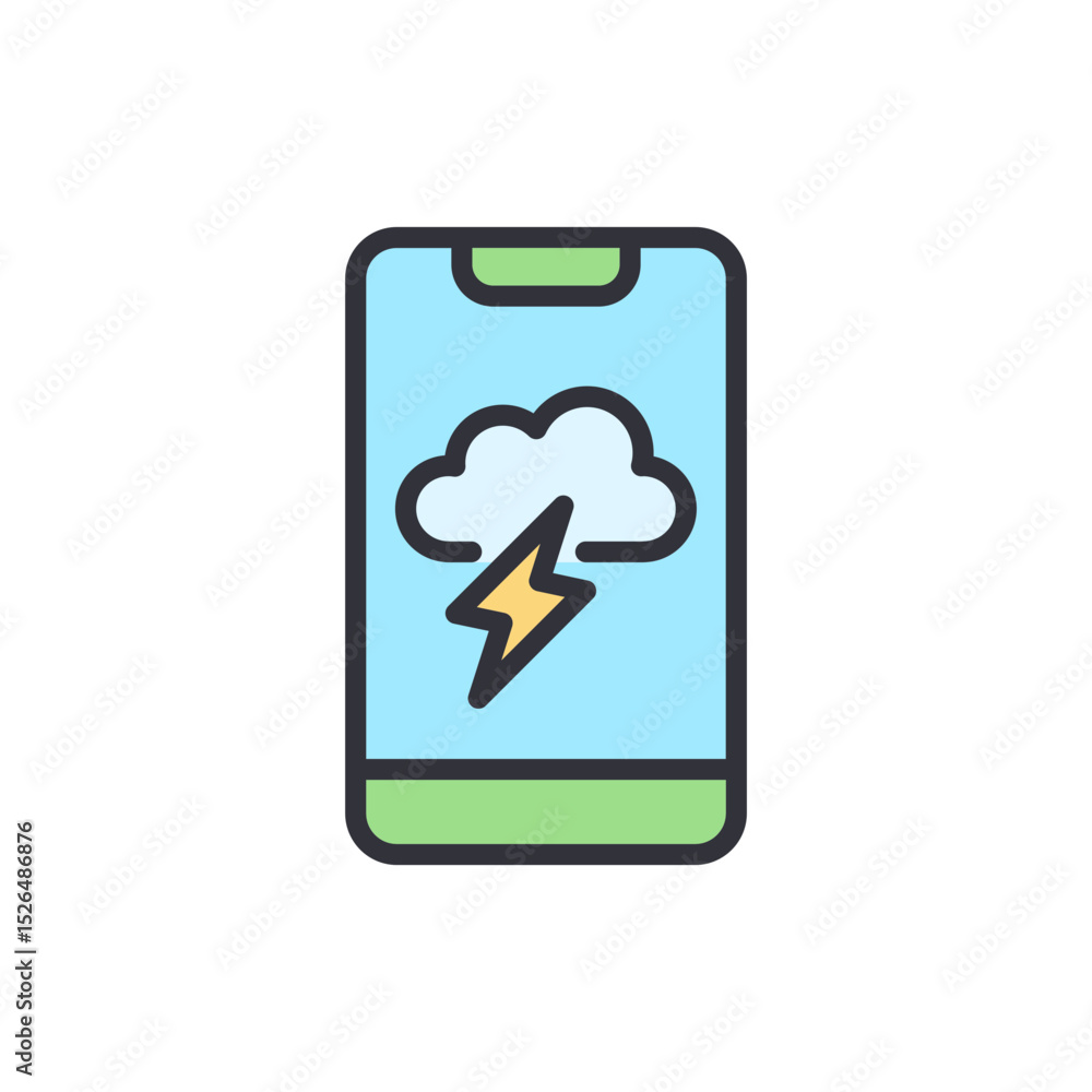 Poster mobile weather app displaying thunderstorm symbol on clear device screen