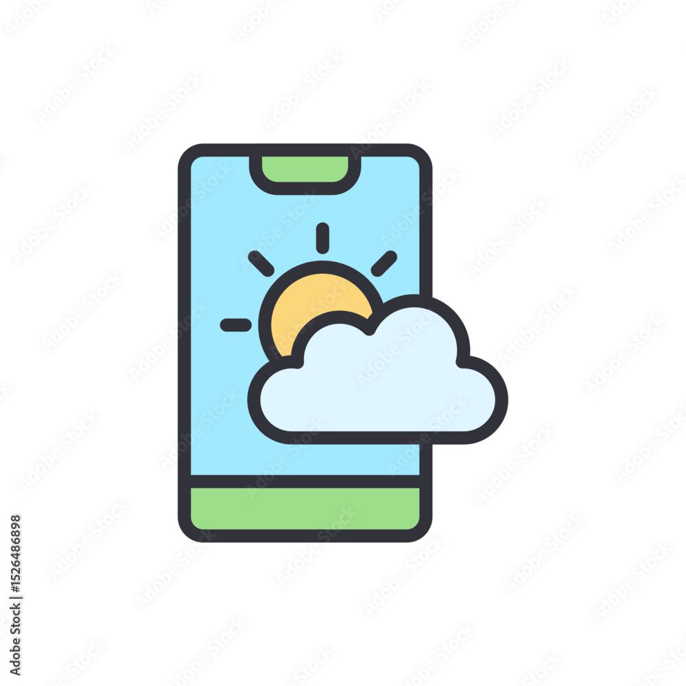 Poster weather forecast app displaying sunny and cloudy conditions on mobile