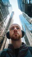 Urban Man in Headphones Looking Up at Skyscrapers