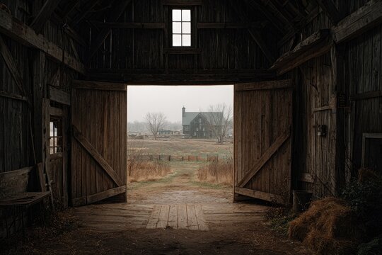 Inside old barn, open doors, view of rustic house
