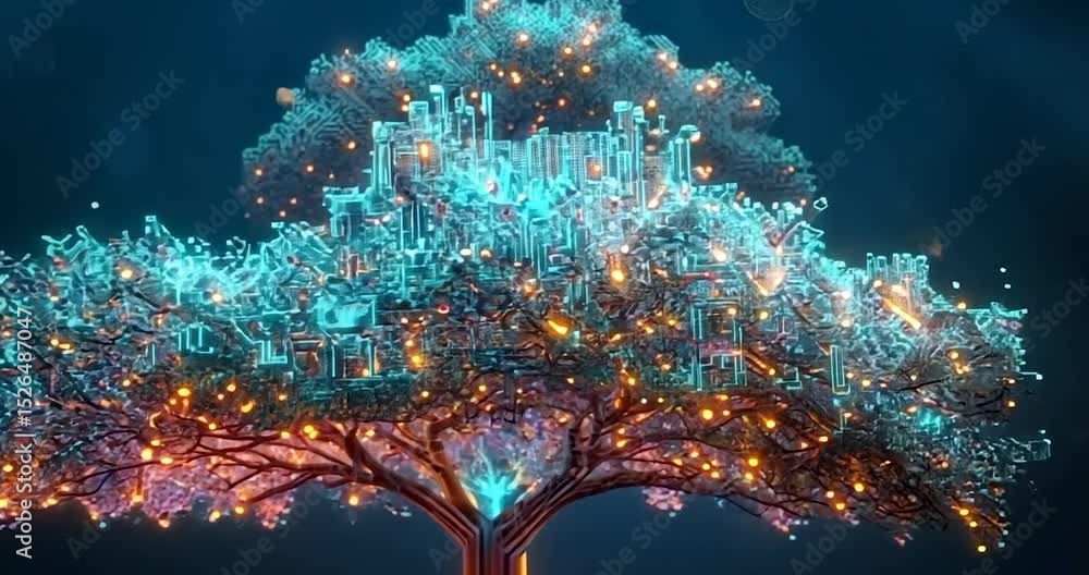Poster an image depicting a digital tree illuminated with neon light, representing technology, data, and ab