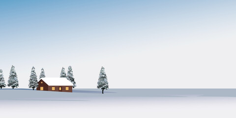 Minimalist snowscape with cottage and pine forest graphic illustration.