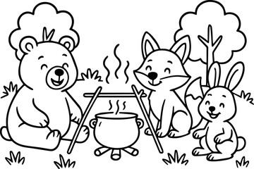 Smiling forest animals having a picnic around steaming pot coloring page