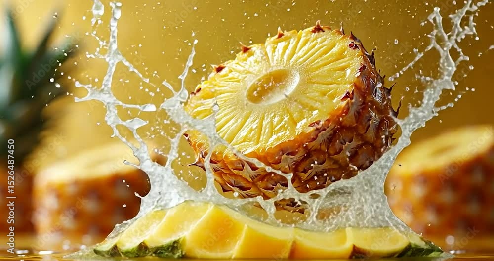 Poster close-up shot of a [fruit] slice with water splash effect against a golden background. the image sho
