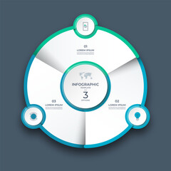 Modern circular infographic with 3 steps. Ideal for business process, strategy, timeline, workflow, or presentation design. Editable vector template with icons and clean layout.