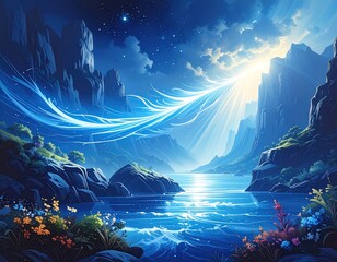 Mountain lake at dawn, celestial light