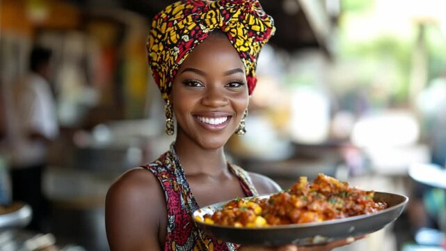 Smiling Cameroonian woman showing a typical Cameroonian dish to the camera while in Yaounde the capital of Cameroon. Slow motion.