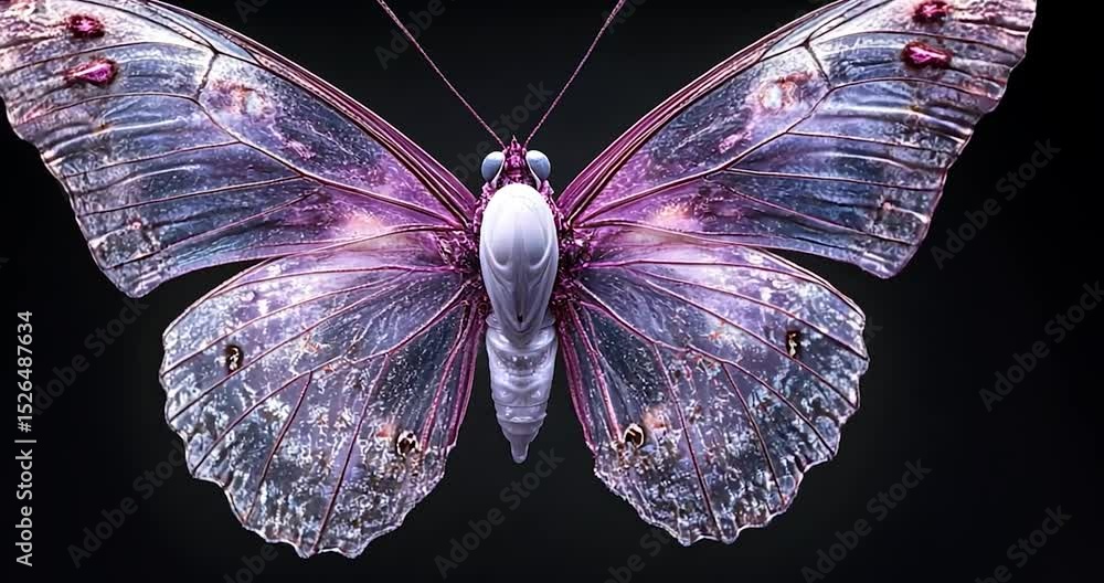 Poster a close-up of a butterfly with a purple and black pattern against a dark background with bokeh effec