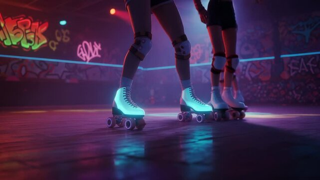 Roller skating women at a neon graffiti indoor rink