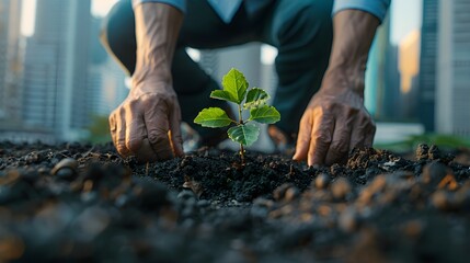 Man planting sapling in urban soil with buildings in the background