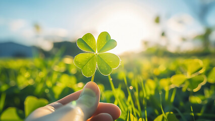 Hand Holding Lucky Four‑Leaf Clover at Golden Sunset