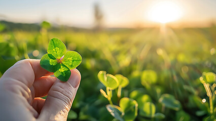 Hand Holding Lucky Four‑Leaf Clover at Golden Sunset
