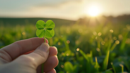Hand Holding Lucky Four‑Leaf Clover at Golden Sunset