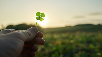 Hand Holding Lucky Four‑Leaf Clover at Golden Sunset
