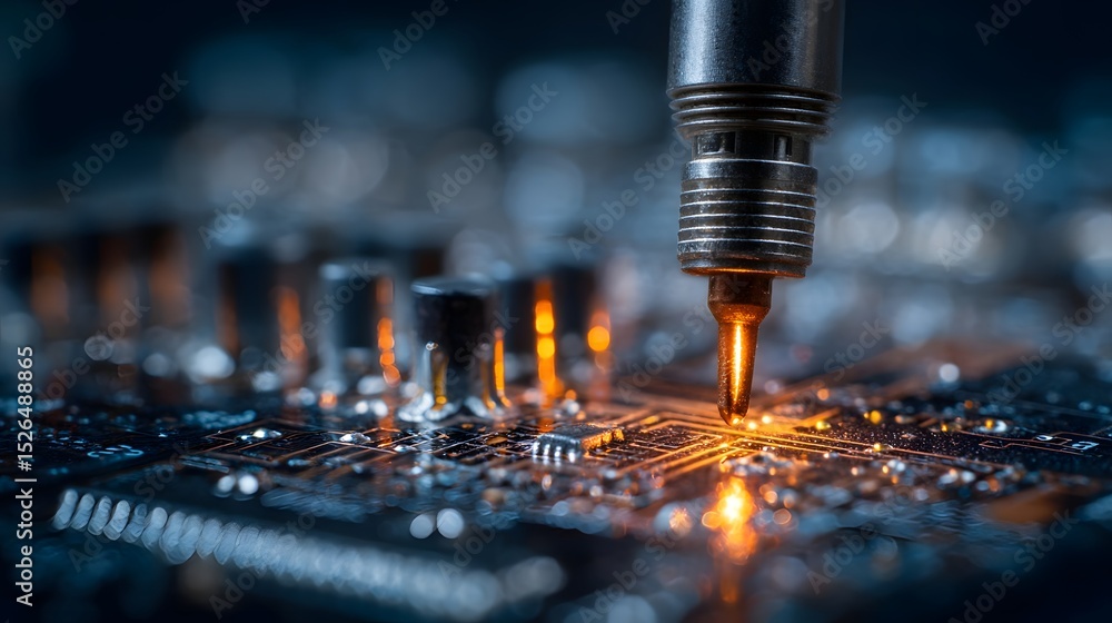 Aufkleber close-up of a soldering process on a circuit board, showcasing intricate details and glowing compone
