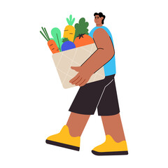 A flat style illustration showing a person holding grocery