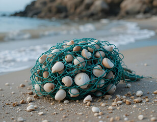Seashells collected in a turquoise fishing net resting on a sandy beach shoreline