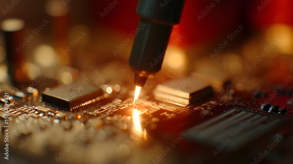 Poster close-up of a soldering process on a circuit board, showcasing intricate components and glowing conn