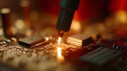 Close-up of a soldering process on a circuit board, showcasing intricate components and glowing connections