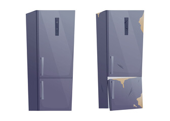 Two vector isolated cartoon closed refrigerators isolated on white, new and clean, the other old, dirty, scratched. Concept of contrast, repair, replacement, appliance lifecycle and decay.