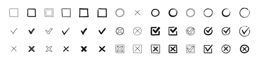 Check marks doodle set. Checkbox, checklist, tick and cross signs, v and x in sketch style. Hand drawn vector illustration isolated on white background, VECTOR ILLUSTRATION