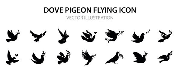 Dove or pigeon icon collection. Peace doves silhouette. Flying pigeon with branch icon. Black vector set of doves with olive branches, peace symbol illustration VECTOR ILLUSTRATION