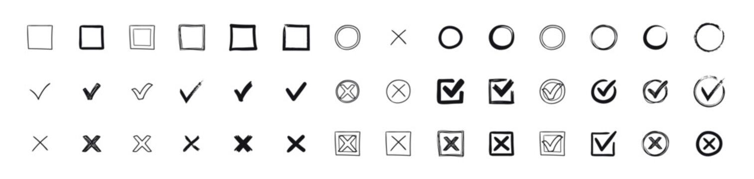 Check marks doodle set. Checkbox, checklist, tick and cross signs, v and x in sketch style. Hand drawn vector illustration isolated on white background, VECTOR ILLUSTRATION