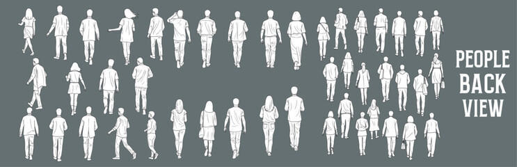 Back View People Vector Illustration – Hand-Drawn Figures of Men and Women from Behind in Various Poses and Outfits for Architectural, Urban Planning, and Design Projects

