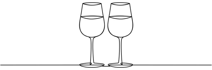 Two glasses with wine continuous line drawing. Cheers toast symbol. Celebration concept. Champagne drink. Vector illustration isolated on white.
