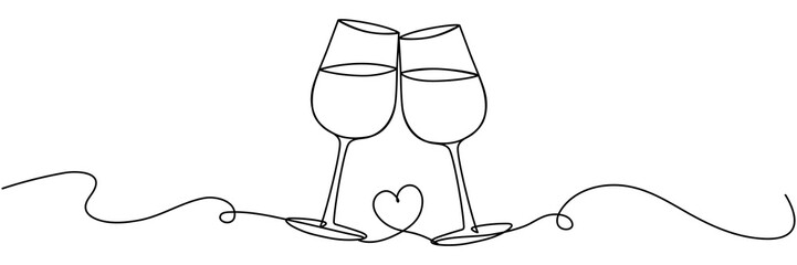Two wineglasses with heart shape continuous line drawing. Cheers toast symbol. Celebration concept. Champagne drink. Vector illustration isolated on white.