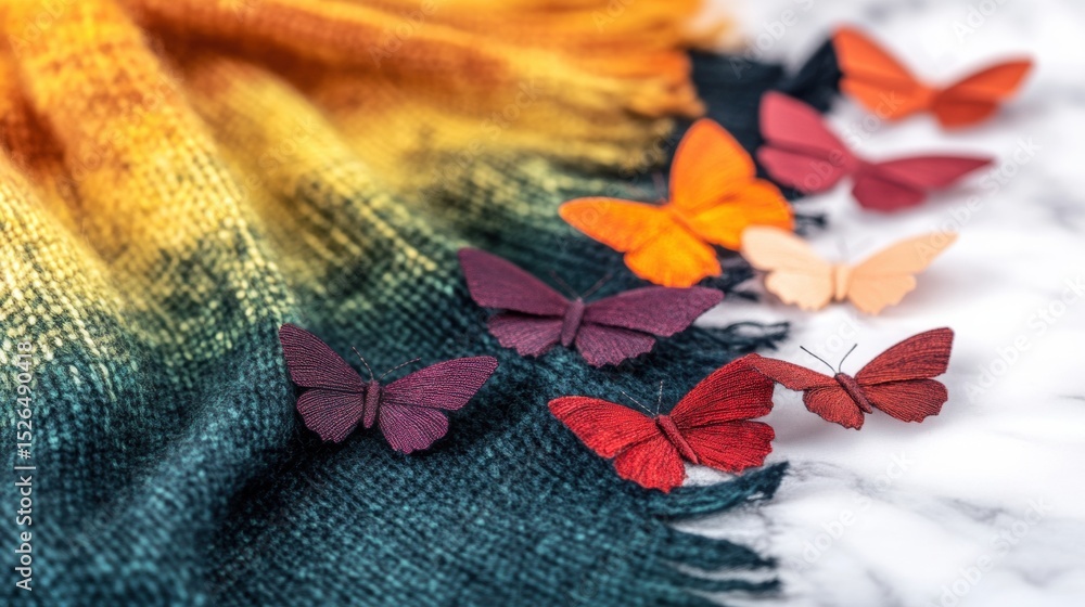 Poster colorful butterflies arranged on a gradient scarf in a soft light setting