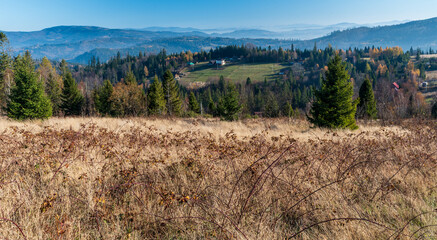 Autumn Beskid Slaski mountains in Poland - view bellow Cieslar hill summit