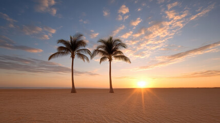Sunset over sandy beach with palm trees silhouetted against colorful sky