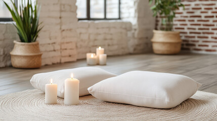 Cozy pillows and soft candles create serene atmosphere in bright room