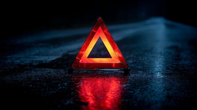 Red emergency warning triangle reflector on dark road at night for roadside safety and caution sign usage