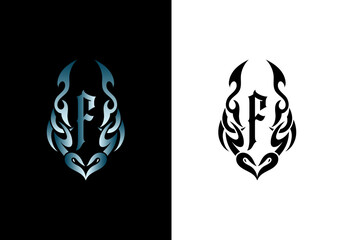 Mystical F Letter Logo Design Tribal Tattoo Concept