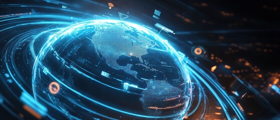 A glowing digital globe surrounded by futuristic blue holographic rings and data points, representing global technology and connectivity.