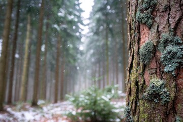 Fototapeta premium Snowy forest path, close-up tree trunk