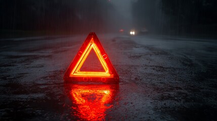 Red warning triangle on dark wet road for car breakdown emergency hazard safety and accident prevention