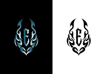 Mystical E Letter Logo Design Tribal Tattoo Concept